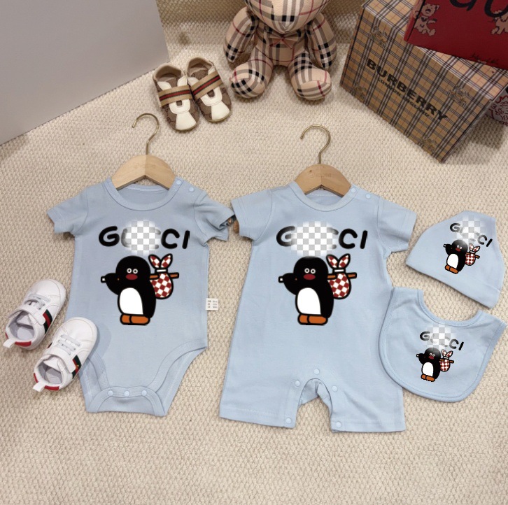 Baby summer short sleeved jumpsuit three piece set cartoon penguin pure cotton crawling suit for boys and girls cute set summer outfit