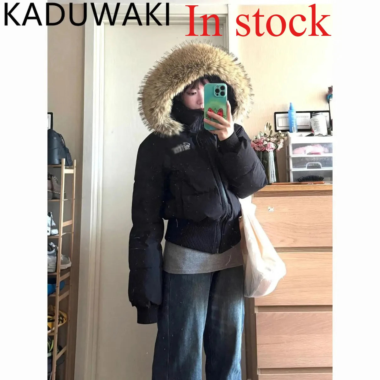 Korean Chic Slim Waist Short Parkas Y2k Harajuku Grunge Print Patchwork Fluffy Hooded Cotton Jacket Autumn Winter Warm Top 261016