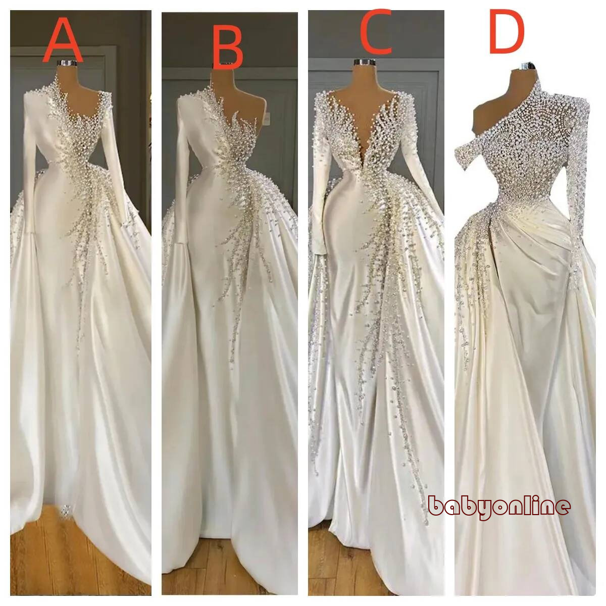 Cheap Dubai Arabic Luxury Pearls Crystal Mermaid Wedding Dresses Beaded Long Sleeves with Overskirt Detachable Train Satin V Neck Bridal Gowns Weddi