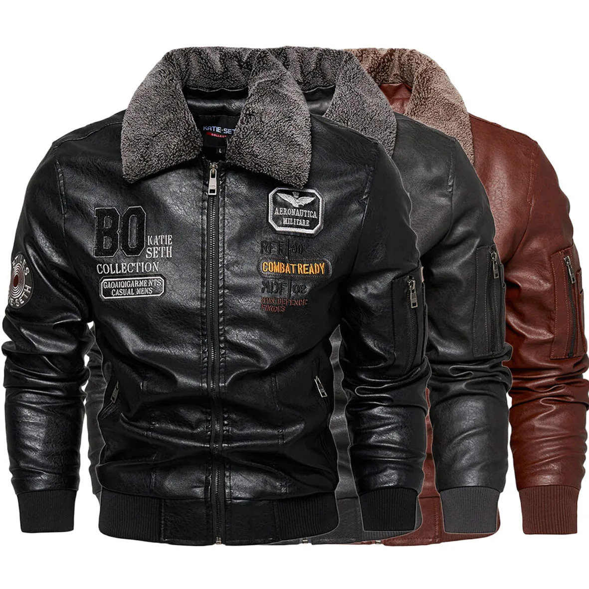 Business Slim fit Leather Bomber Jacket Men Slim Leather Flight Jacket Black Pilot Coat High Quality Man Fur collar Warm Jackets 261012
