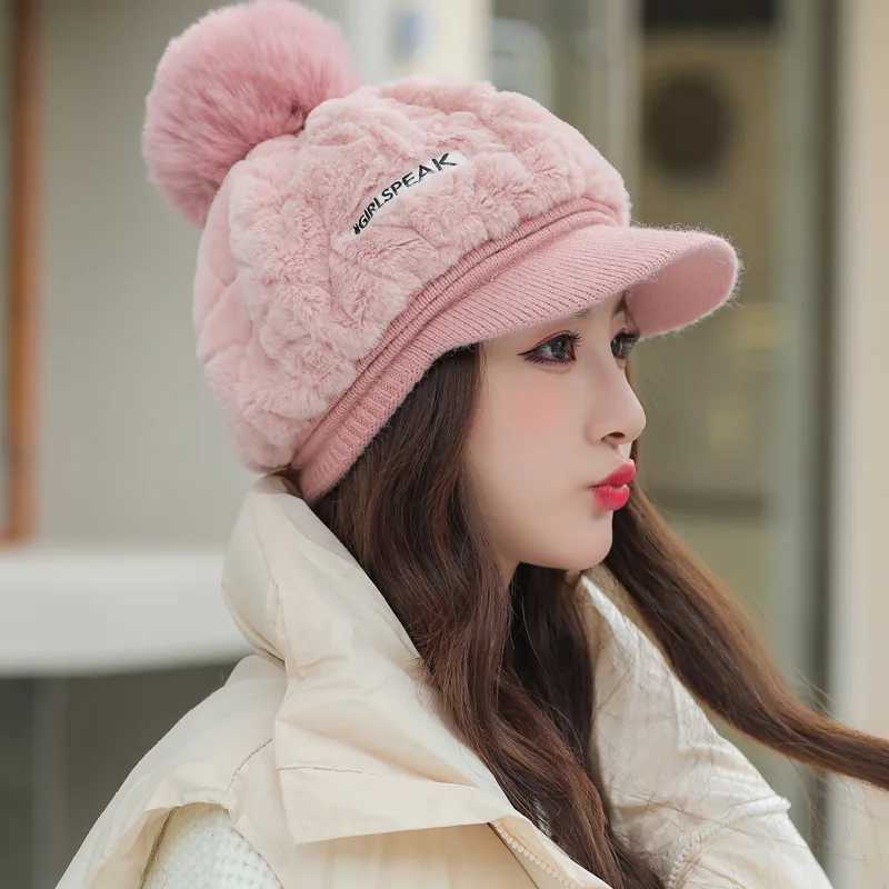Cap Hat Autumn Winter Women's Versatile Rabbit Hair Warm Duck Tongue Hats Cute Hair Ball Cold Windproof Hat Thick Hot M261016