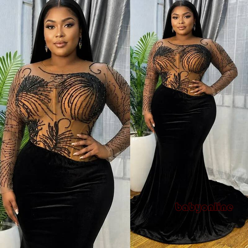 Plus Size Prom Dress Velvet Evening Dresses Illusion Appliqued Sequined Lace Formal Gowns For Nigeria Black Women Birthday Reception Gown Am3688