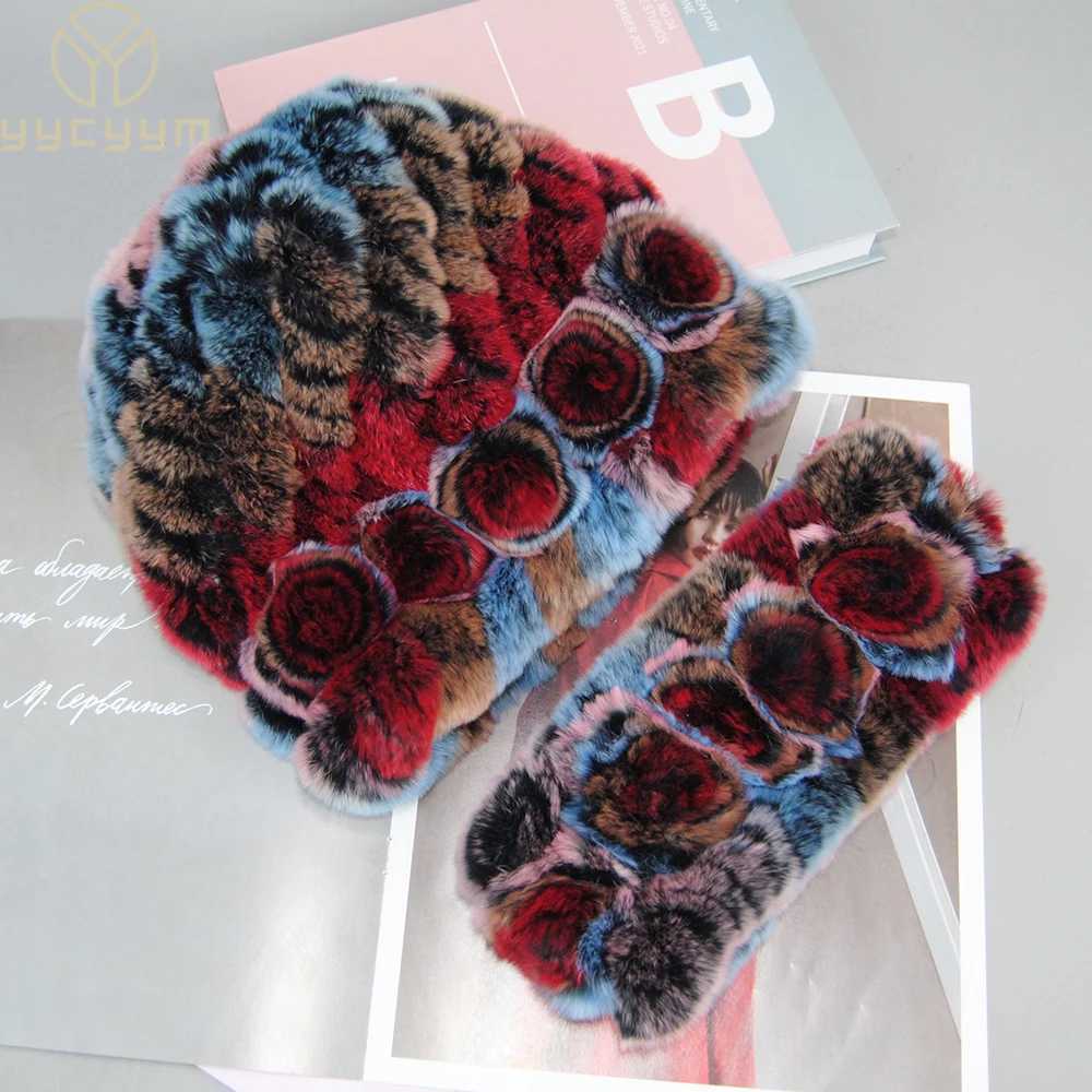 Beanie/Skull Caps New Fashion Real Fur Hats Scarves Sets Women Winter Knitted Real Rex Rabbit Fur Hat Scarf Ladies Natural Fur Hats Mufflers Sets Q2