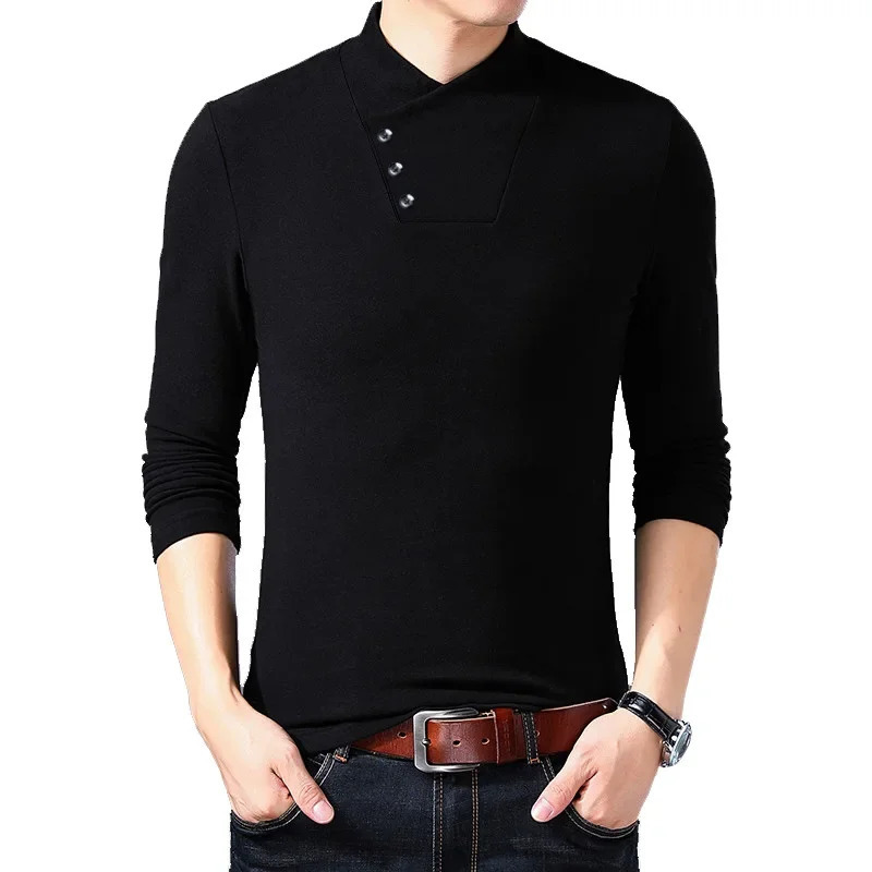 BROWON Spring Fashion Slim Fit T Shirt Men Cotton Tshirt Long Sleeve Irregular Collar Solid Color Clothes 2026 261017