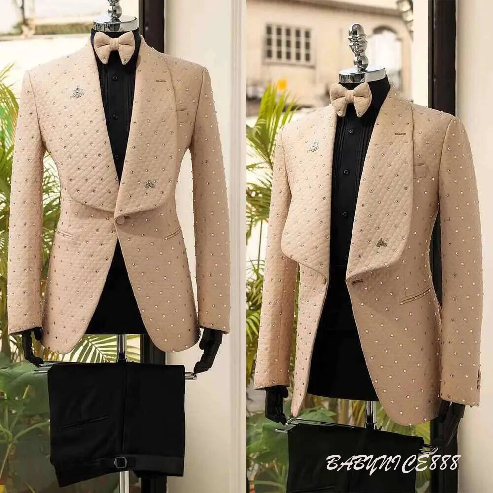 Shawl Tuxedos Pieces Beads Blazer 2 Wedding Lapel Black Pants One Button Pockets Fashion Coat Prom Party Ocns Custom Made Tailored Exquisite Fit