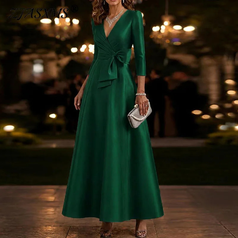 Deep V Neck Evening Solid Maxi Gown Ladies 3/4 Sleeve Big Bow Waist A Line Dress Elegant Formal Wedding Guest Dinner Party Dress 261015