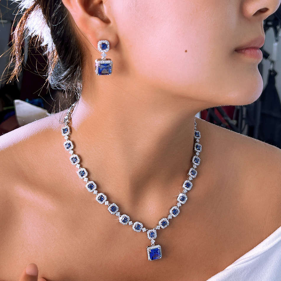 2026 New Choucong Wedding Jewelry Sets perfume Luxury 18K cologne White Gold Fill Princess Blue Sapphire Banquet Dangle Earrings Party Women Elegant