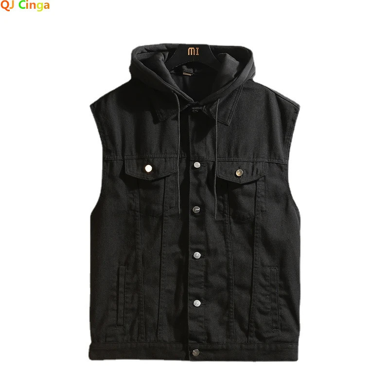 2026 Men's SpringSummer Autumn Denim Vest Jacket Teenagers Black Leisure Hooded Vests Coat Plus Size Waistcoat M-5XL 261015