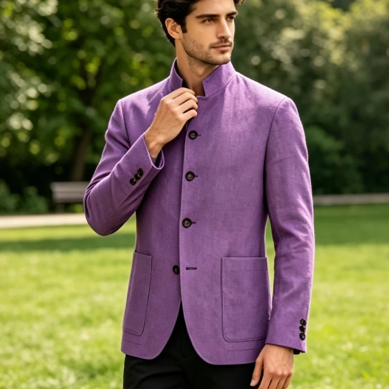 Men Stand Collar Linen Blazer Unlined Summer Breathable Lightweight Casual Business Suit Jacket For Wedding Daily Vacation Coat 261014