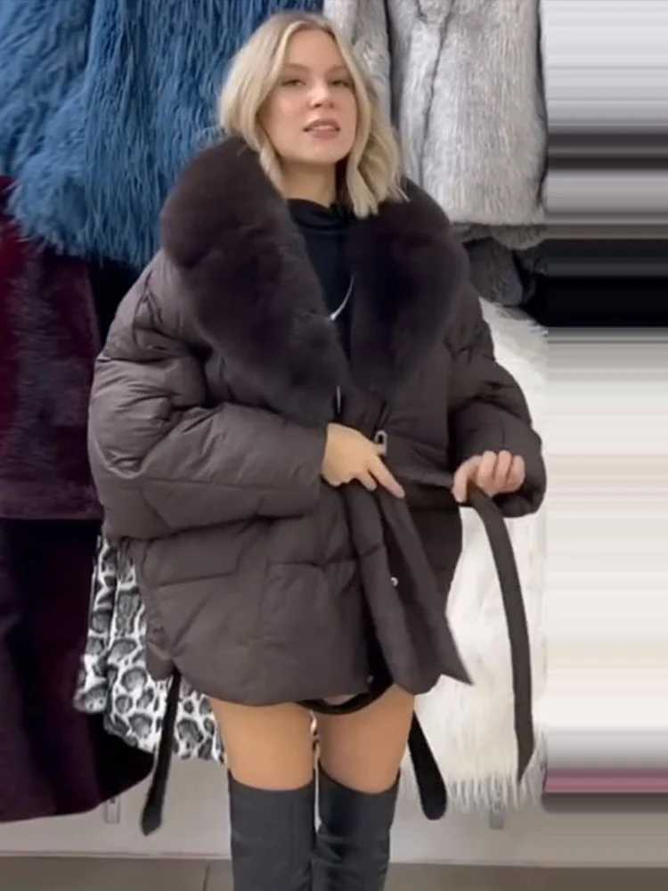 Women's Down Parkas Women's Winter Coat Fur Collar Batwing Sleeve Oversized Coat Belted Cinched Waist Warm Jacket Loose Solid Fashion Oute
