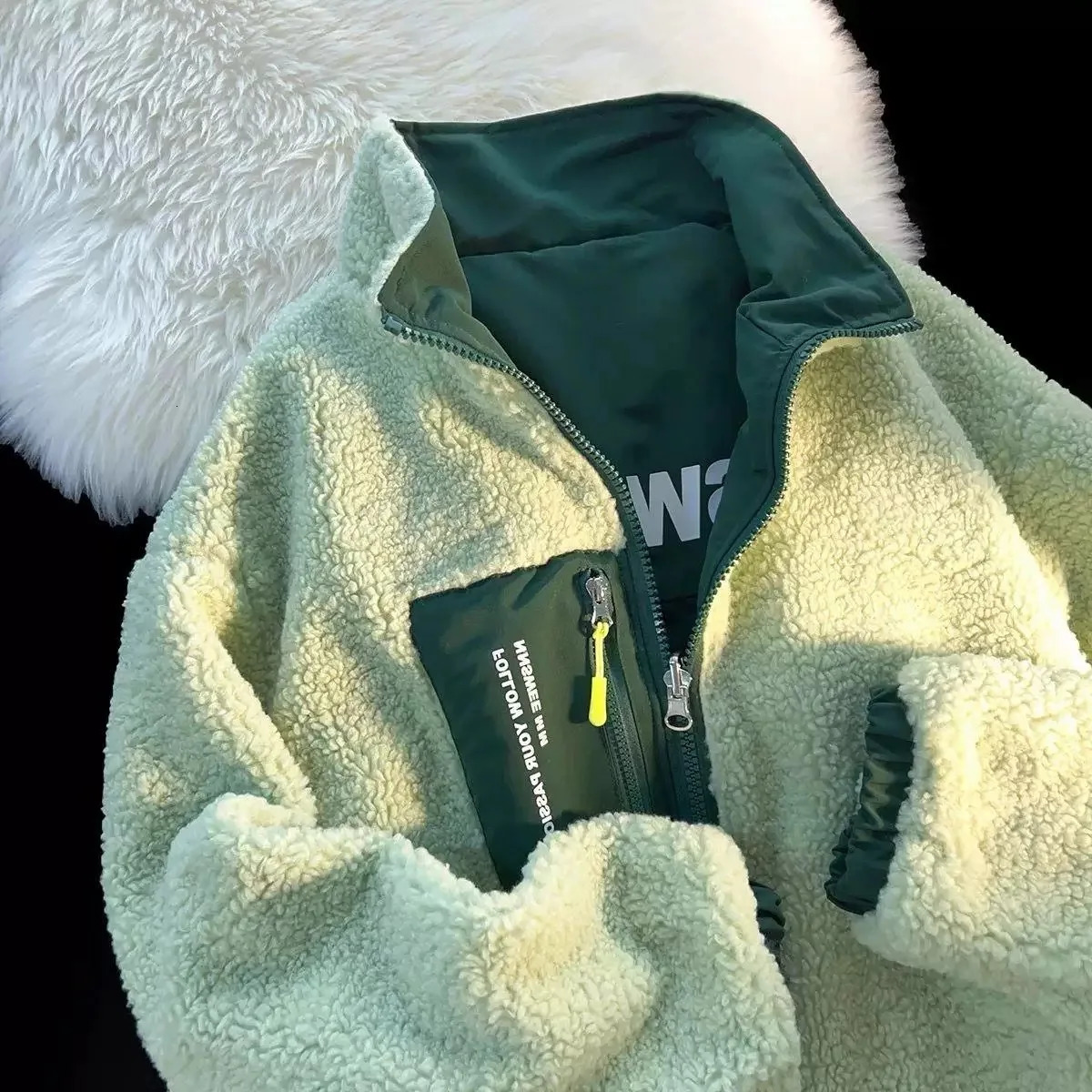 Womens TwoInOne Reversible Jacket Soft Sherpa Fleece Durable Nylon Stand Collar Zip Up Mint Green Casual Outerwear 261016