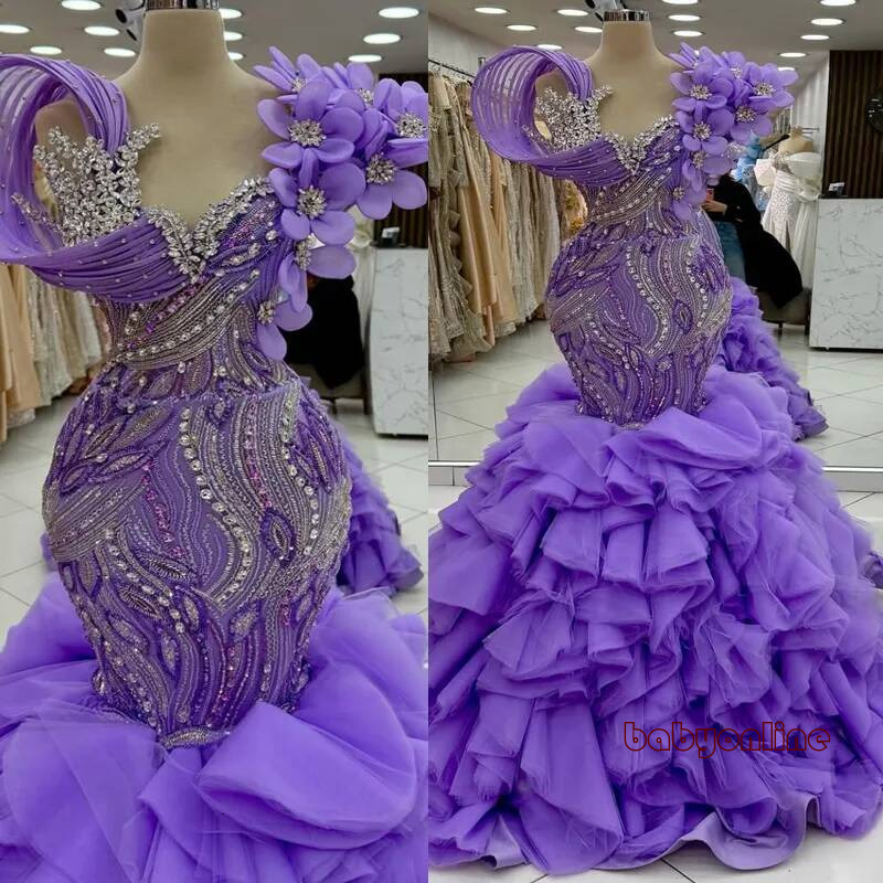 Plus Size Purple Prom Evening Dresses One Shoulder Crystal Beaded Sequined Lace Formal For Nigeria Black Women Birthday Gowns Am3171