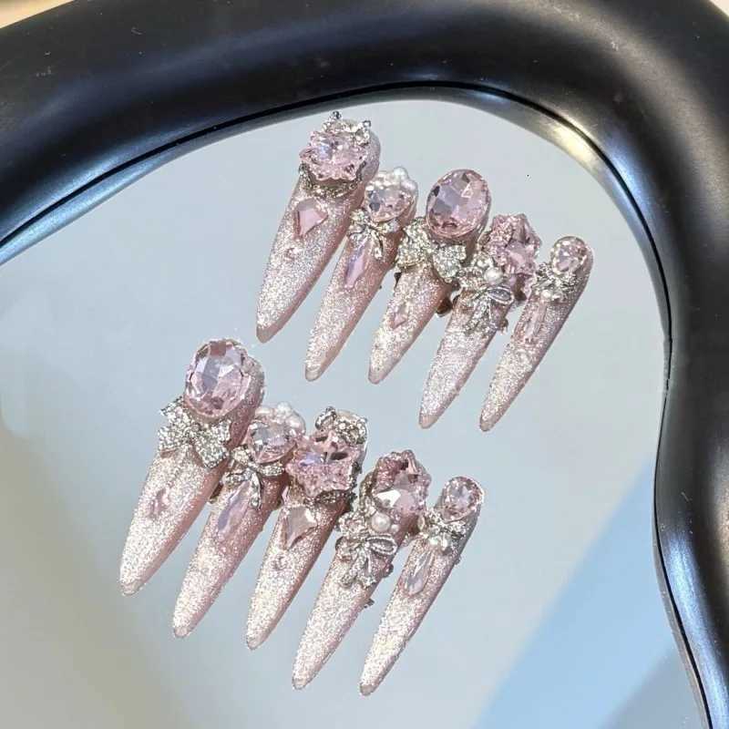 False Nails 2026 New Luxury Cat Eye Handmade Press On Nails 3D Glitter Diamond Pearl Long Tip Pink Stiletto Sweet Cool Removable Fake Nails Q261017