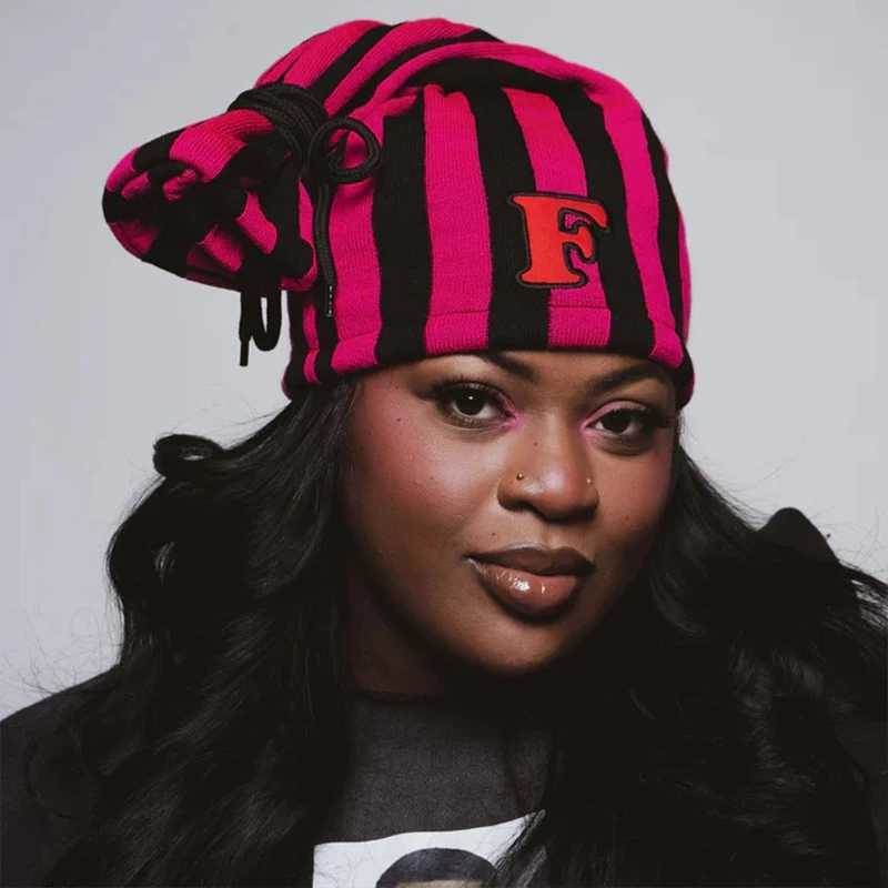 Knit Unisex Hip Hop Beanie Drawstring Vertical Striped F Letter Patch Winter Warm Streetwear Head Hat M261016
