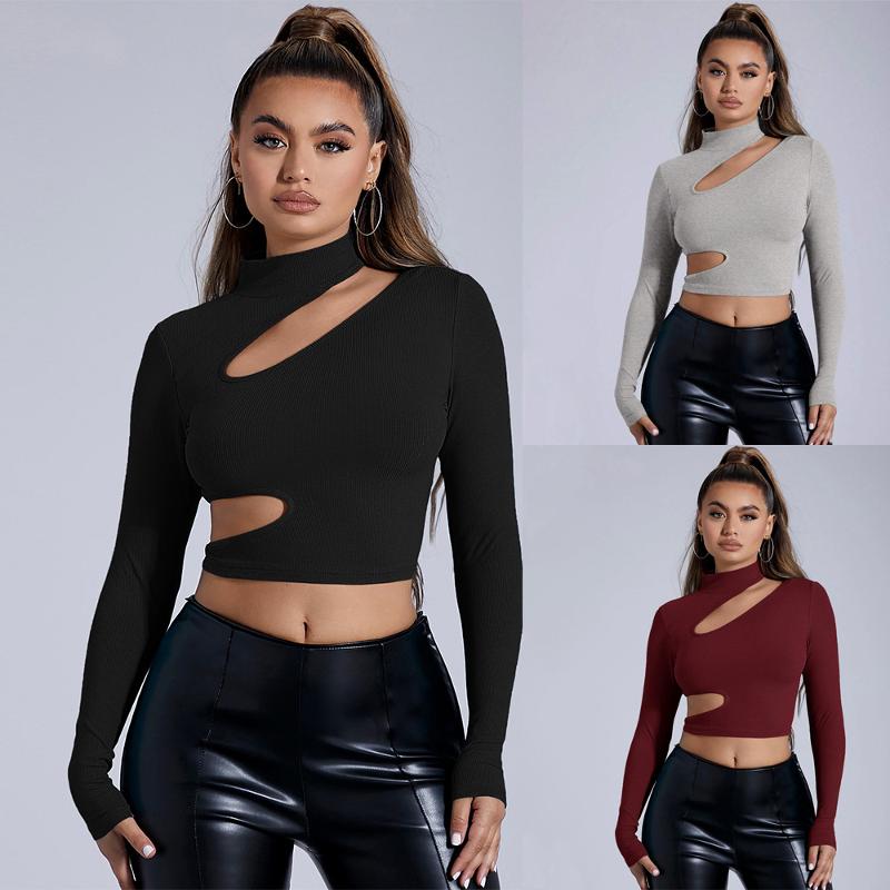 Designer Women's Sexy Half Turtleneck Long Sleeve Crop Top Slim Fit Hollow Out Solid Basic T-Shirt Stretchy Tee