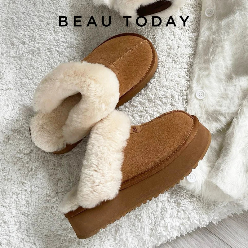 BEAUTODAY Winter Slippers Women Cow Suede Mules Leather Thick Sole Ladies Winter Outdoors Casual Furry Shoes Handmade37085 261017