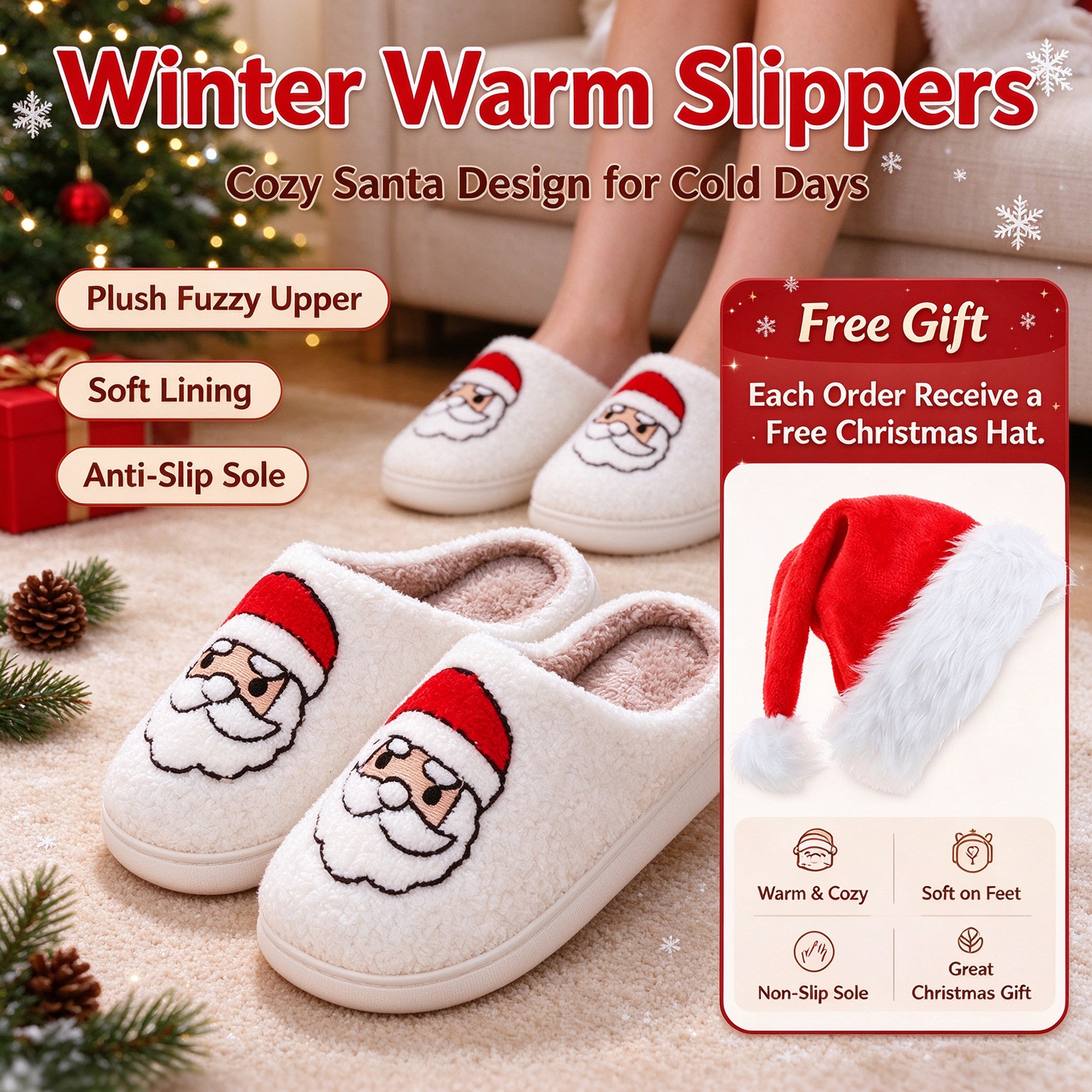 Christmas Claus Plush Cotton Women Men Winter Warm Fleece Lined House Non-Slip Indoor Slippers Bedroom Home Shoes with Free Santa Hat ddmykukumalu