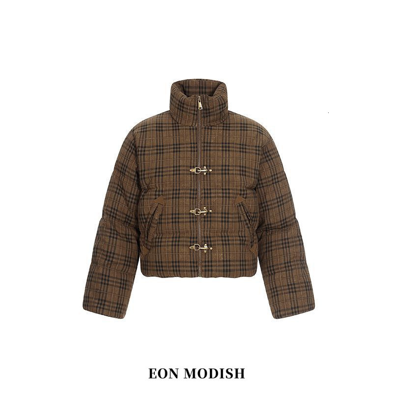 Eon Modish Women's 26 Winter American Retro Chic Slim-Fit Plaid Stand-Collar Cotton Coat Makoufei
