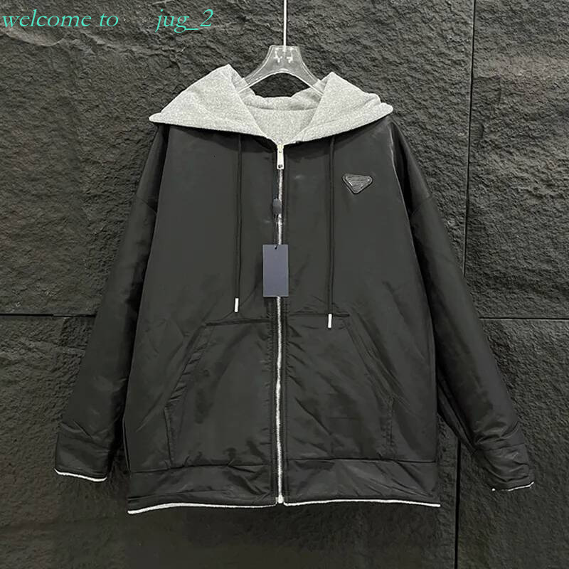 pradmen jacket Designer Luxury brand Unisex Reversible Triangle Logo Nylon Jacket Black Gray Hooded Zip Up Loose Fit Streetwear Men Women Outerwear
