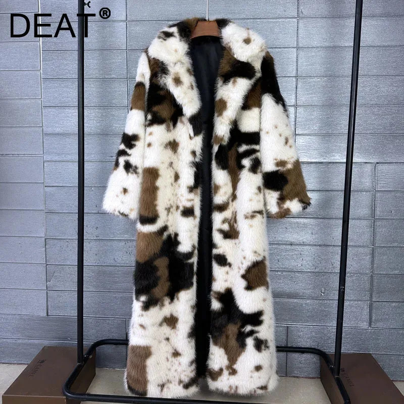 DEAT Winter Fashion Thick Faux Fox Fur Coat For Women Contrast Color Suit Collar Warm Overcoat Female Trendy 11A06744 261015