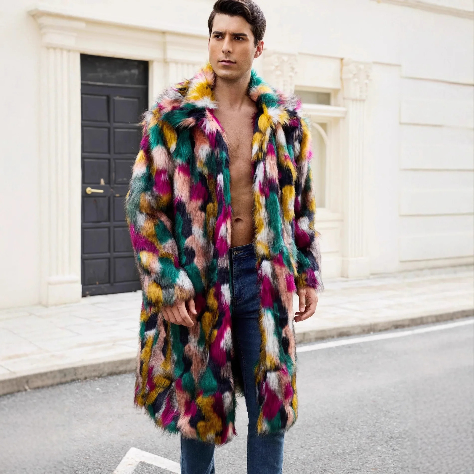 Europe and America Fashion Men's Colorful Thicken Casual Trendy Loose Turndown Collar Long Sleeve Faux Fur Coats Male Clothes 261008
