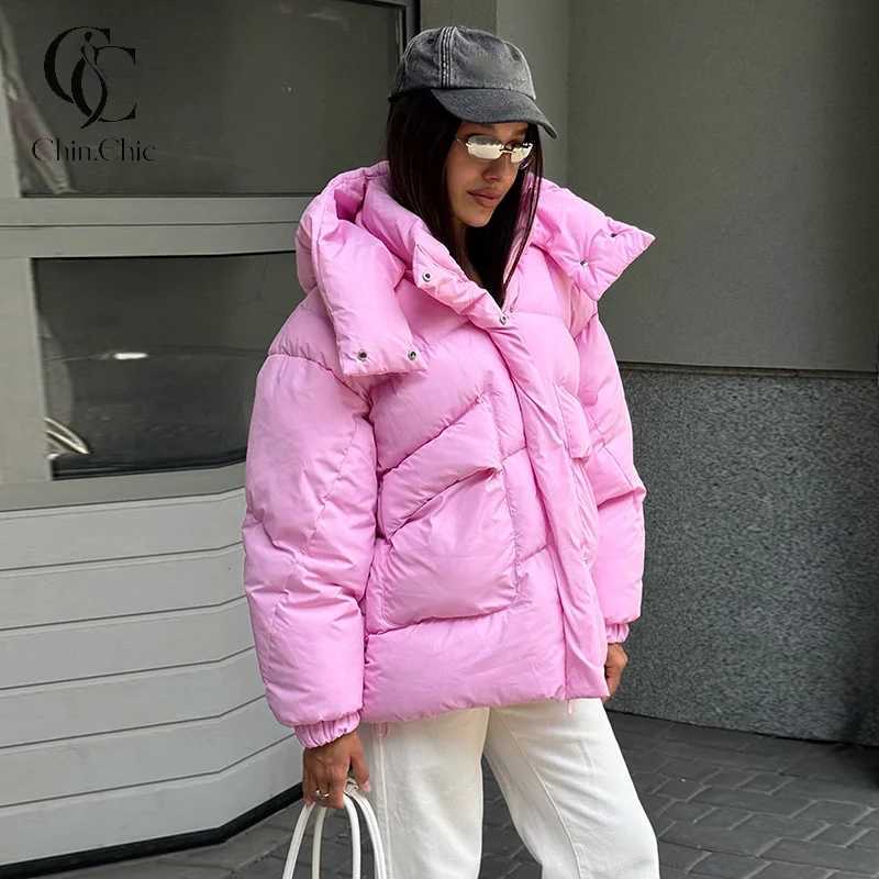 Women's Down Parkas Women Oversized Puffer Jacket Detachable Hood Solid Pink Loose Long Sleeve Quilted Padded Coat Winter Warm Casual Outerwear