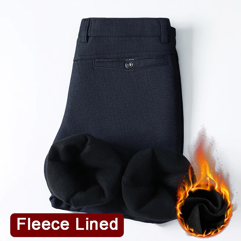 Mens Fleece Lined Suit Pants Business Casual Loose Straight Black Formal Dress Pants Navy Blue Thick Warm Trousers 261016