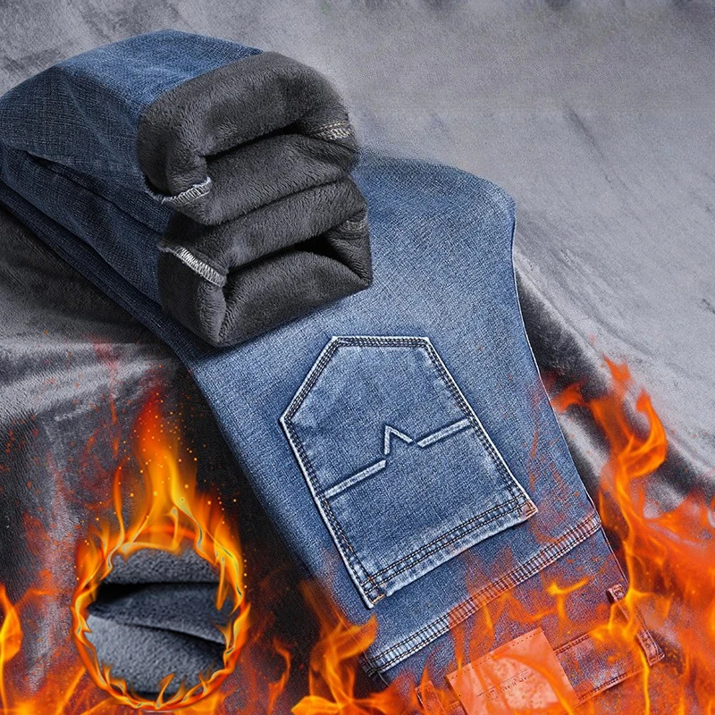Fashionable Trendy Men's Winter Plush Fleece Thick Jeans Straight Washed Elastic Warm Denim Pants Casual Daily Trousers 261016