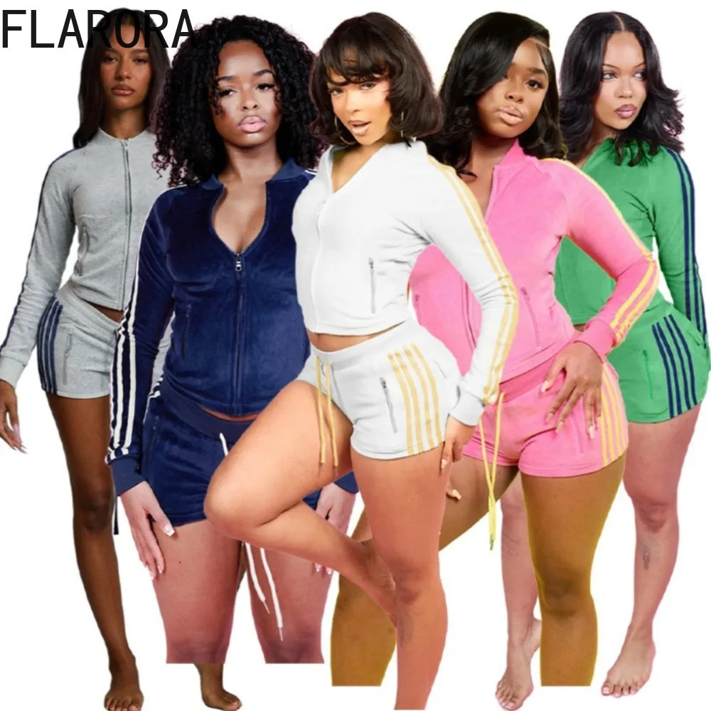 FLARORA Velour Stripe Color Blocking 2 Piece Sets Woman Stand Collar Full Sleeve Zip Crop JacketsDrawstring Shorts Tracksuits 261016