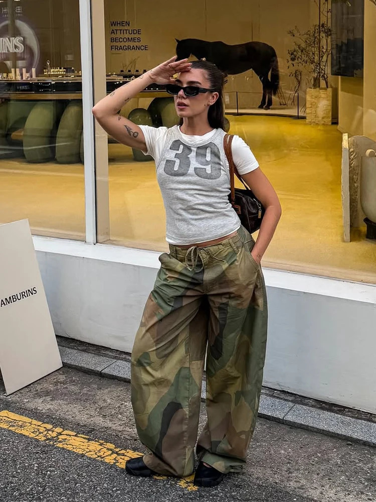 Printed Women Pants Belted Wide Leg Trousers Drawstring Waist Loose Jogger Casual Camouflage Long 261017