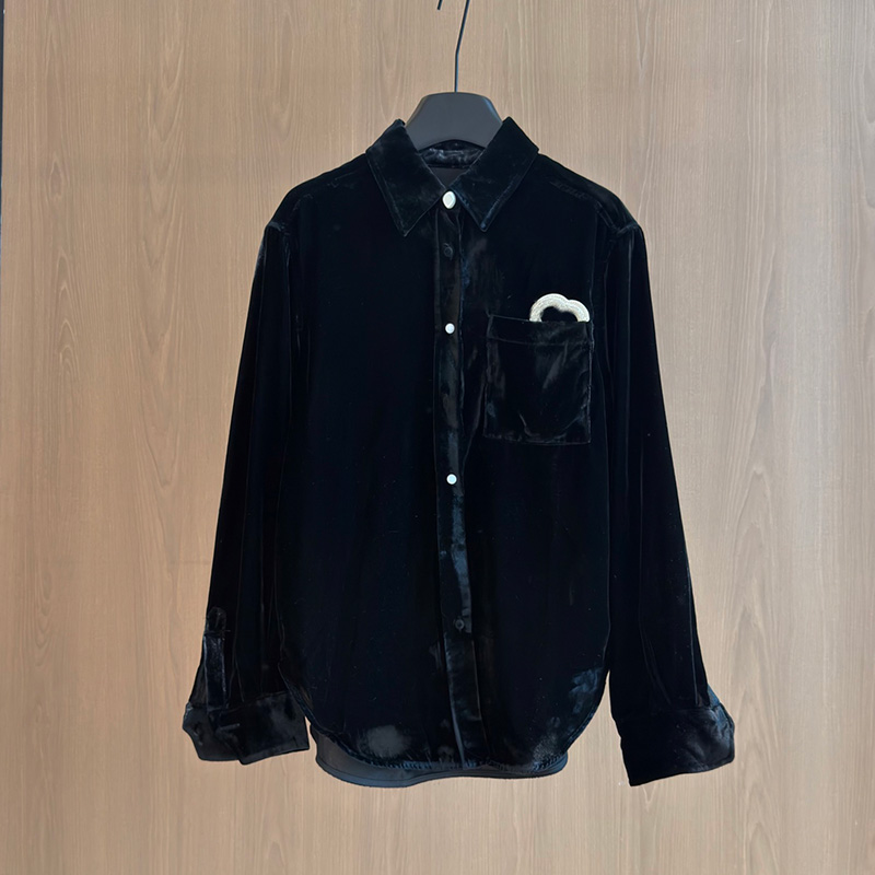 Luxury Women Black Velvet Shirt Vintage Long Sleeve Button Front Blouse Spring Autumn Casual Daily Dinner Party Blouses