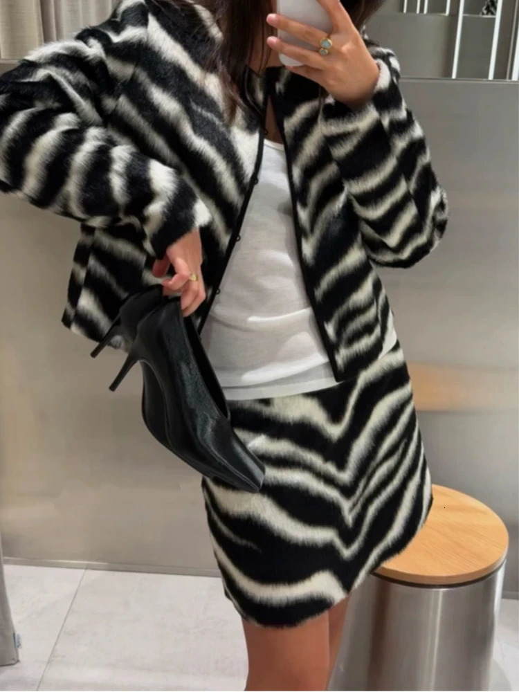 Women Zebra Print 2 Piece Set Round Neck Cropped Jacket Mini Skirt Set All Matching Suit Female 2026 Autumn Street Office Outfit 261016