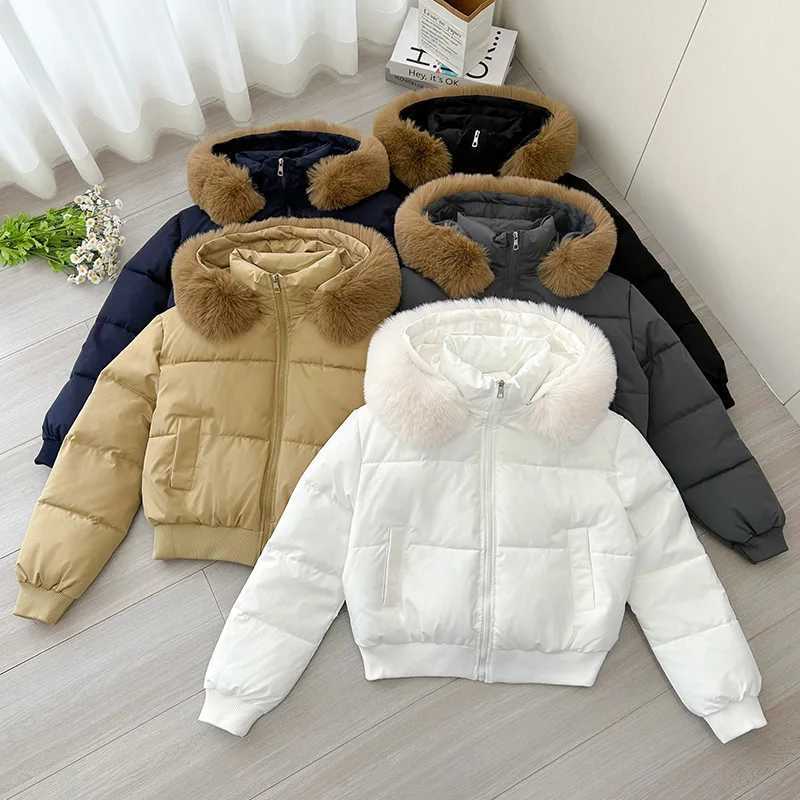 Women's Down Parkas Women Cropped Puffer Jacket Detachable Faux Fur Hood Full Zip Long Sleeve Warm Winter Coat with PocketsT261017