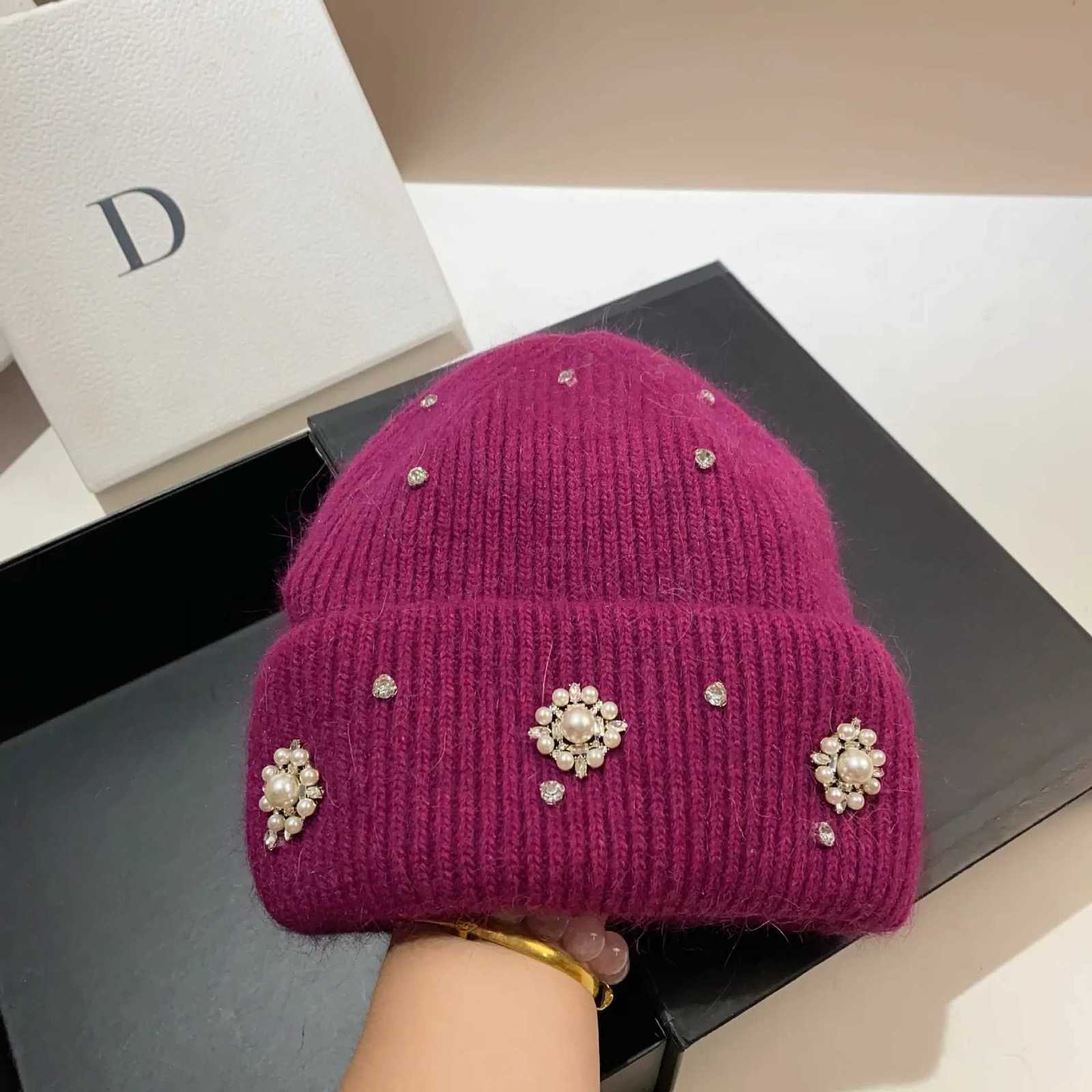 Beanie/Skull Caps Luxury Rhinstone Winter Hats for Women Warm Beanie Real Rabbit Fur Knitted Hat Designer Brand Lady Casual Bonnet Skiing CapT261017