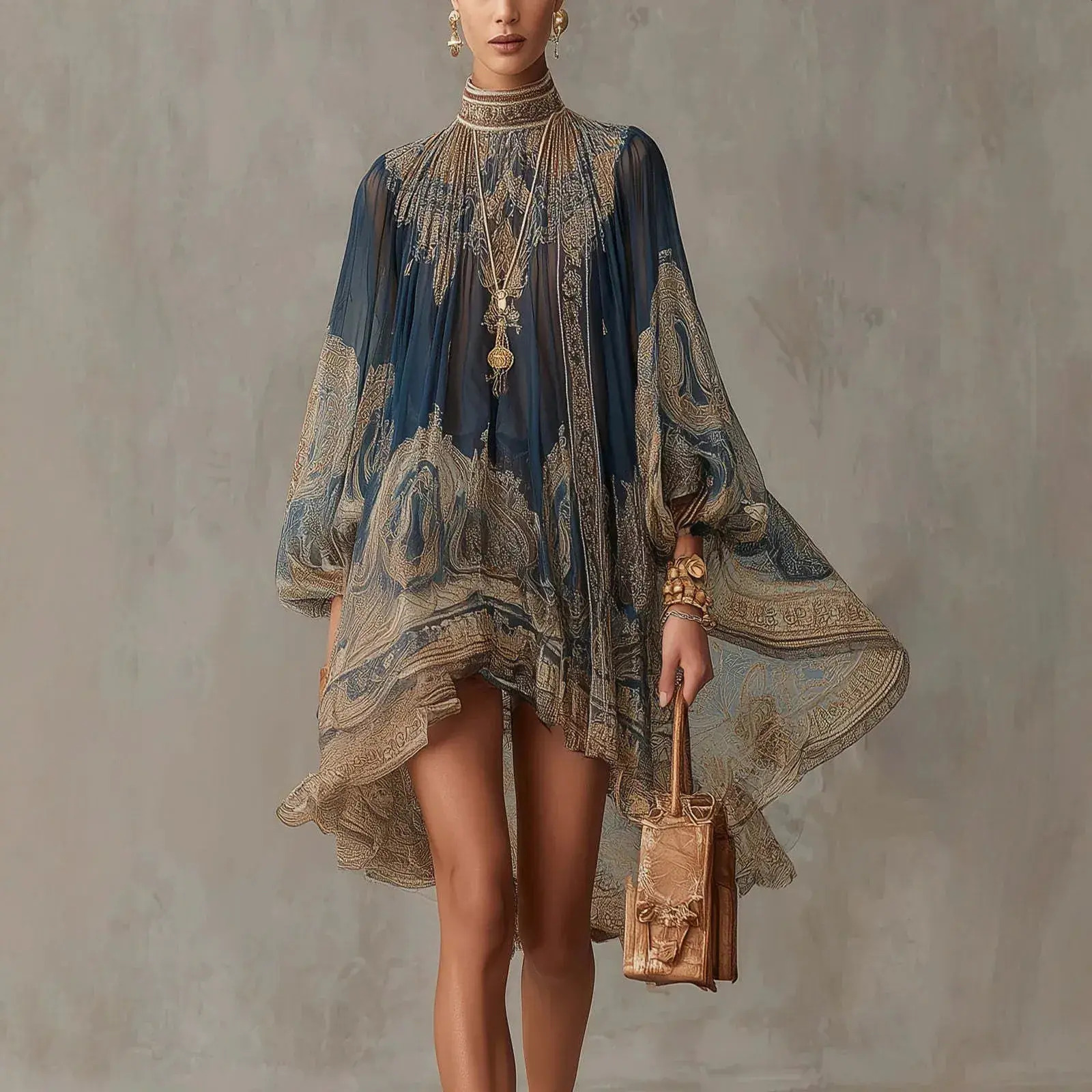 Urban Sexy Dress European And American Turtleneck Printed Chiffon Loose Vacation bodycon Style Shawl Long Sleeved Womens Women 36d