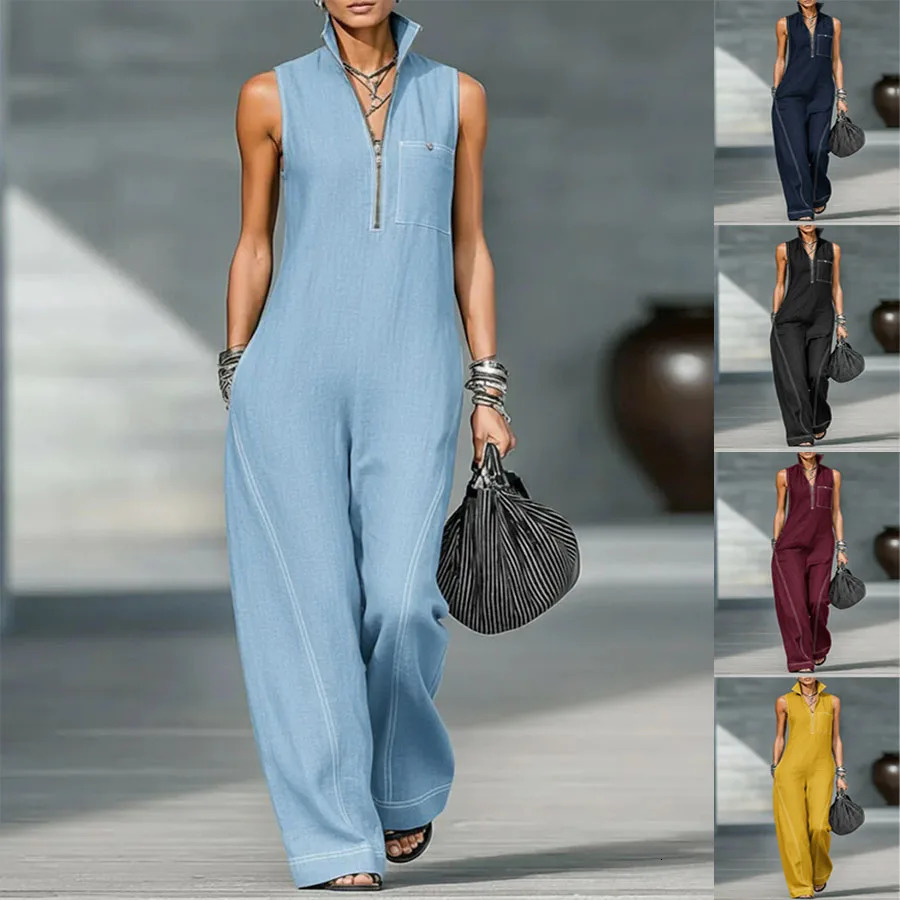 Women's 2026 Mandarin Collar Sleeveless Jumpsuit Linen Cotton Loose Fit Romper Casual Wide Leg 261015