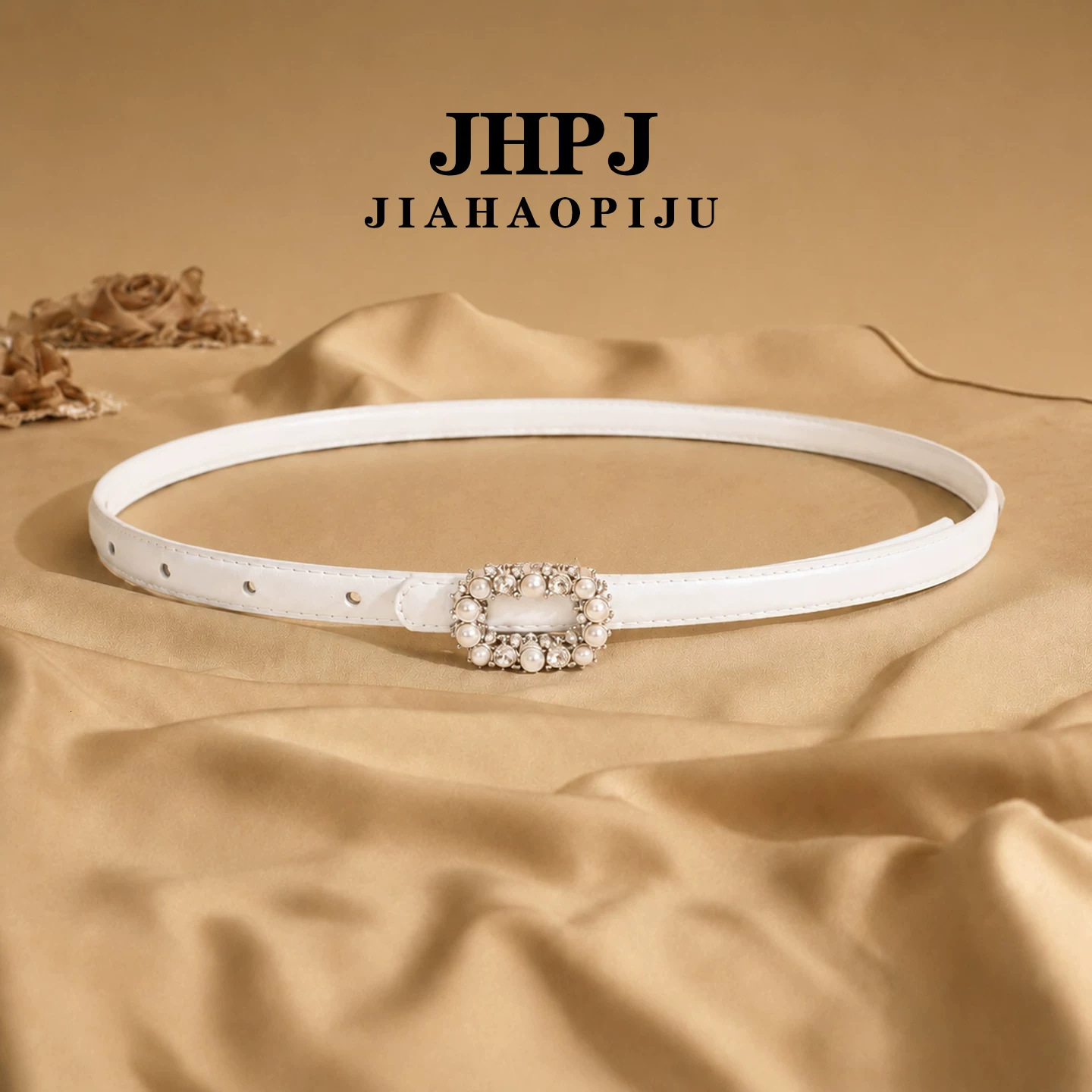 Designer Womens White Faux Leather Belt Pearl Rhinestone Square Pin Buckle Slim Waist Belt For Dresses Party Daily Casual Outfit Fashion Accessory G