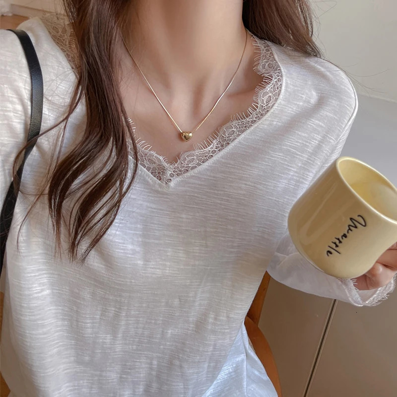 Sexy Lace Patchwork Long Sleeve Tshirt Women All Match Loose V Neck Pullover Woman Spring Autumn Basic Solid Color Tops Ladies 261015