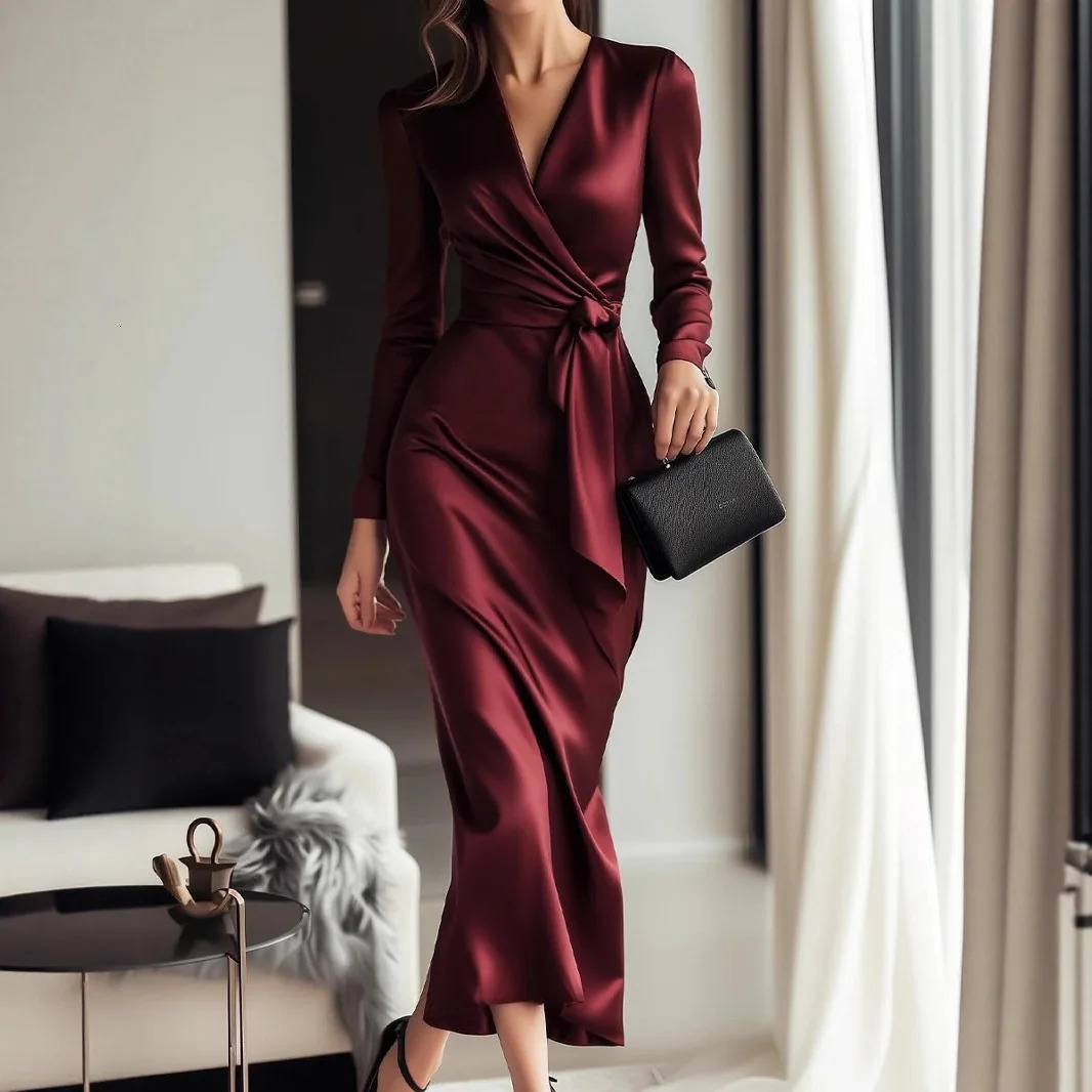 2026 Fashion Slim Hip Dresses Women Spring Sexy And Elegant Solid Color V-neck Strappy Dress Long Skirt For Women 261015