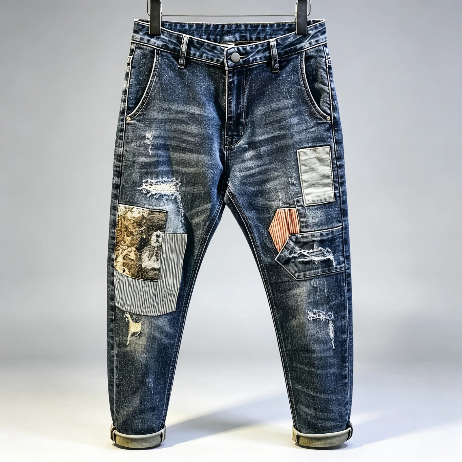 2026 Arrival Men Fashion Patchwork Ripped Frayed Jeans Vintage Washed Slim Tapered Denim Pants HipHop Street Trousers 261016