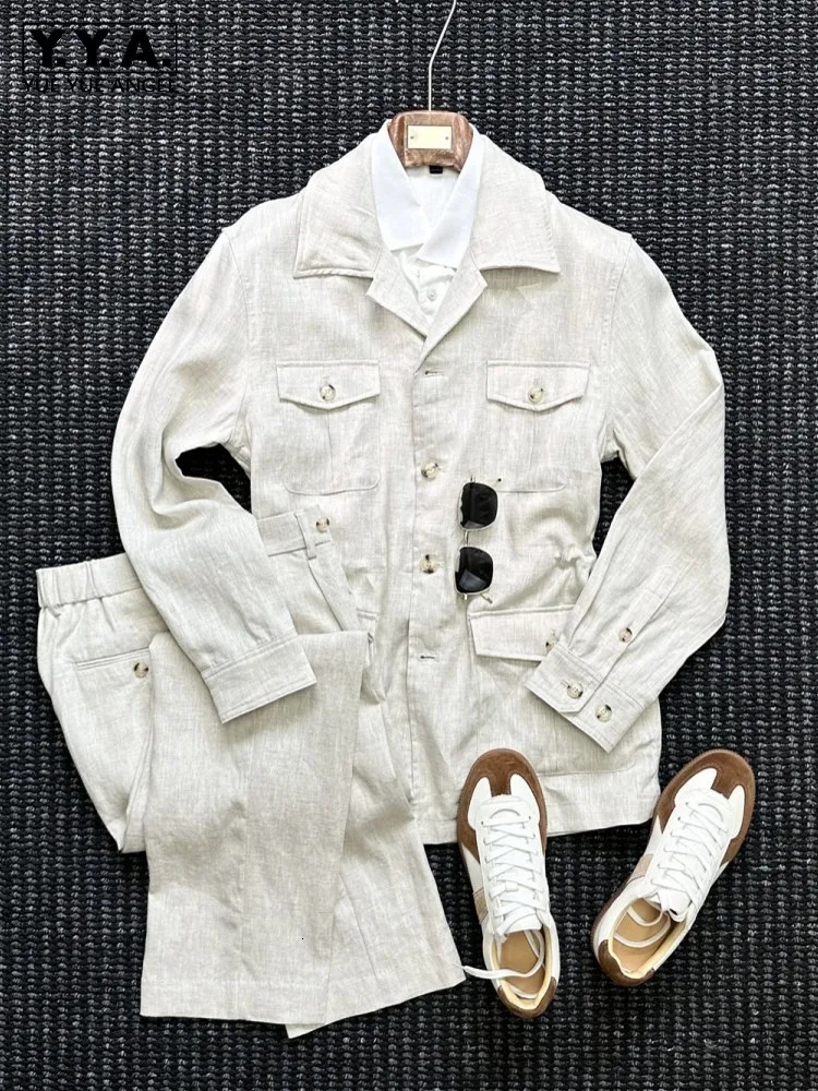 High Quality Mens Business Work 100% Linen Suit Set Single Breasted Multi Pockets Blazer Coat Pants Two Piece Slim Fit Suits 261017