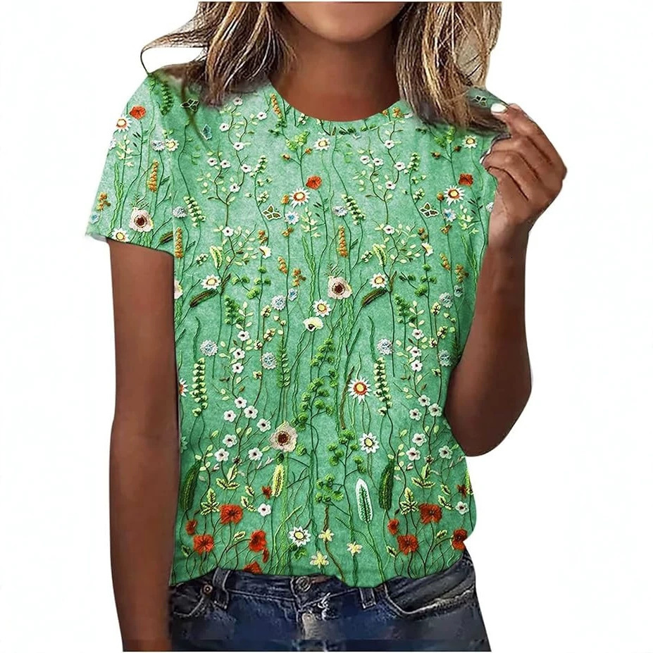 2026 Foreign Trade, European And American Style, Summer Women's Short-Sleeved Floral 3D Digital Print Casual T-Shirt Free Shipping