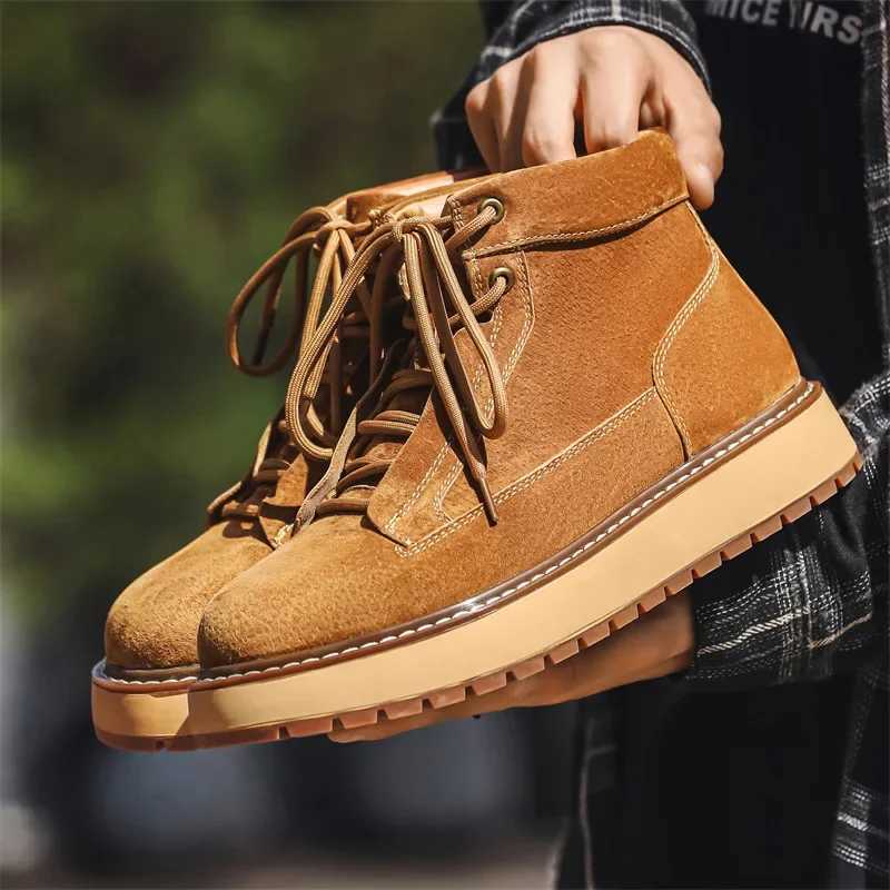 New Autumn Winter Handmade Cow Suede Leather Shoe Men Outdoor Tooling Ankle Boots Height Increase Dress Platform Boot Motorcycle Q261015