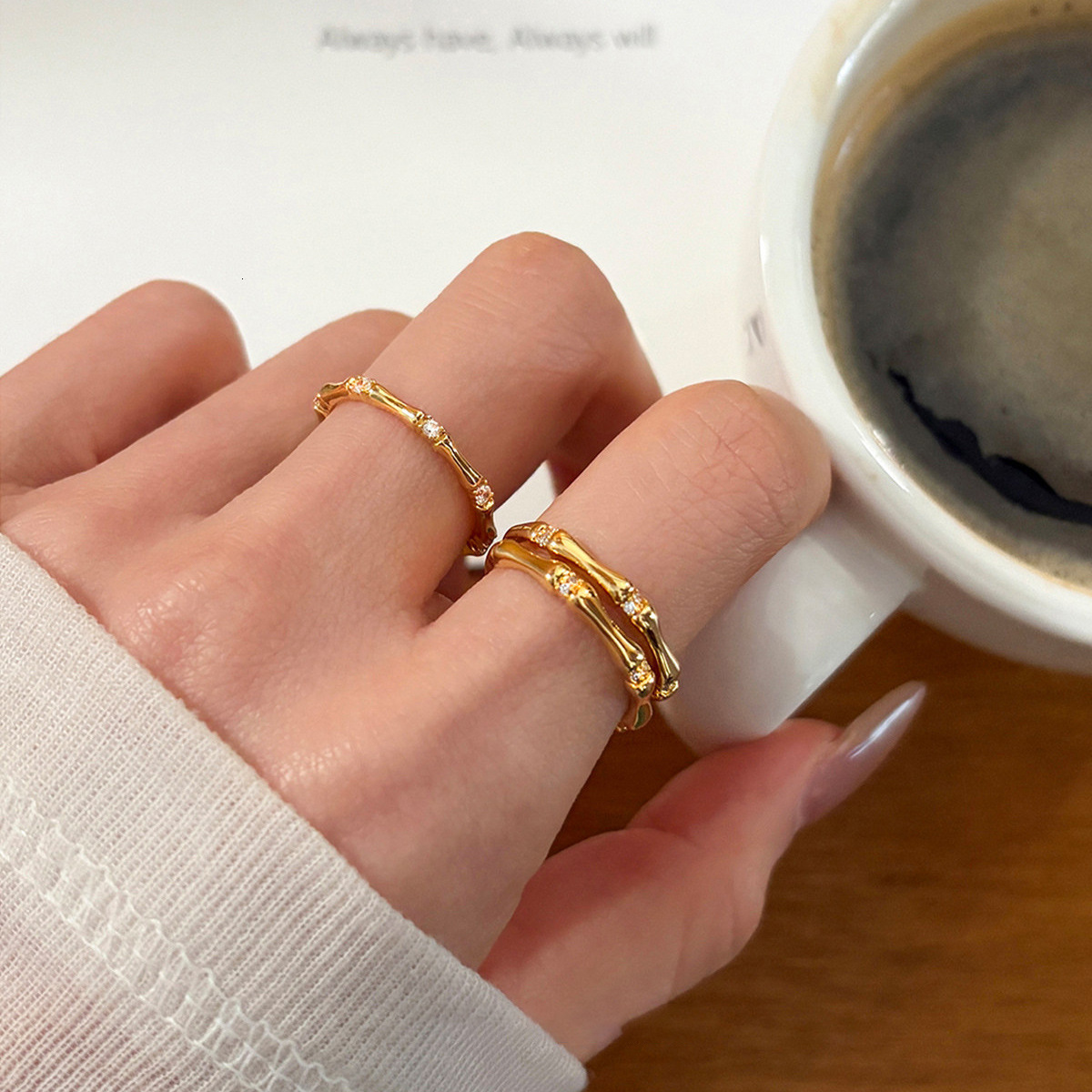Jewelry New Simple Zircon Bamboo Knot Women Niche Design Versatile Adjustable Open for Index Finger Fashionable Women's Ring