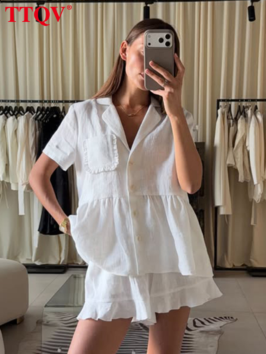 2026 Fashion Loose White Cotton Home 2 Piece Sets Women 2027 Casual Short Sleeve Shirt With High Waist Shorts Set Female