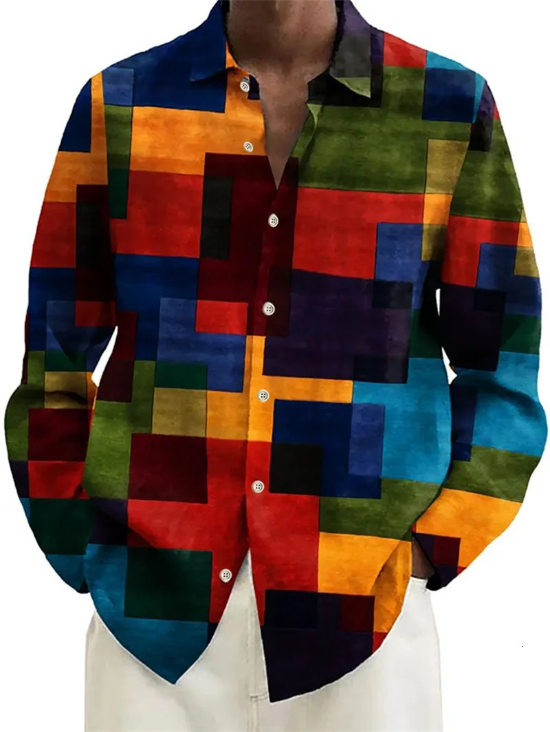 Fashion Block splicing pattern 3d Print Men Long Sleeve Shirts Art Shirt Autumn Casual Single-Breasted Blouse Men's Clothing 261015