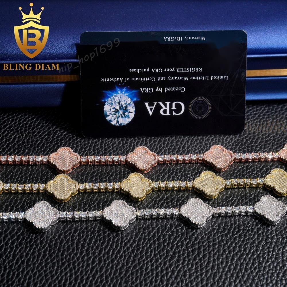 925 Sterling Silver Four Leaf Clover Moissanite Tennis Bracelet 4MM HipHop Jewelry for Unisex Certificate Support