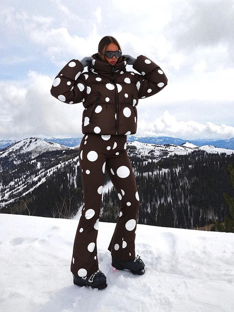 Women Polka Dot Ski Suit Hooded Zip Up Puffer Jacket And Flared Pants Two Piece Set Winter Warm Snowboarding Outdoor Outfit 2026 261016