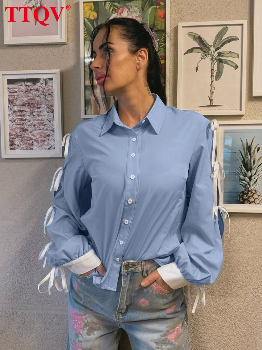 2026 Fashion Loose Blue Cotton Lace Spliced Women 2-Piece Sets 2027 Elegant Long Sleeve Blouse With High Waist Shorts Set Female