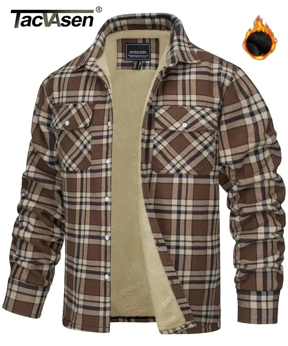 TACVASEN Fleece Lining Jackets Mens Flannel Cotton Plaid Casual Button Down Cargo Work Coats Thicken Outwear Man Tops 261016